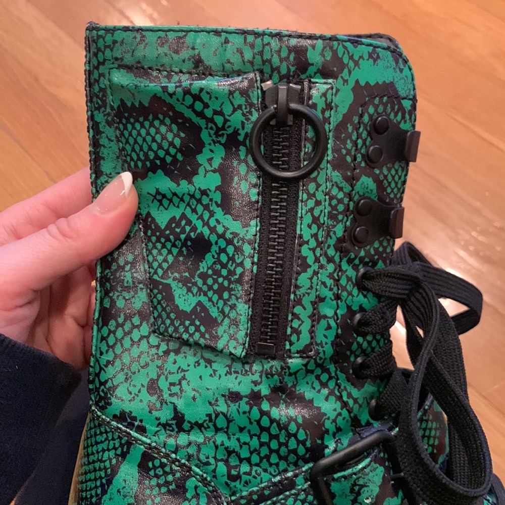 Current Mood Clothing Green Combat Boots Snakeskin Biker Moto Shoes Dolls Kill - Picture 4 of 13